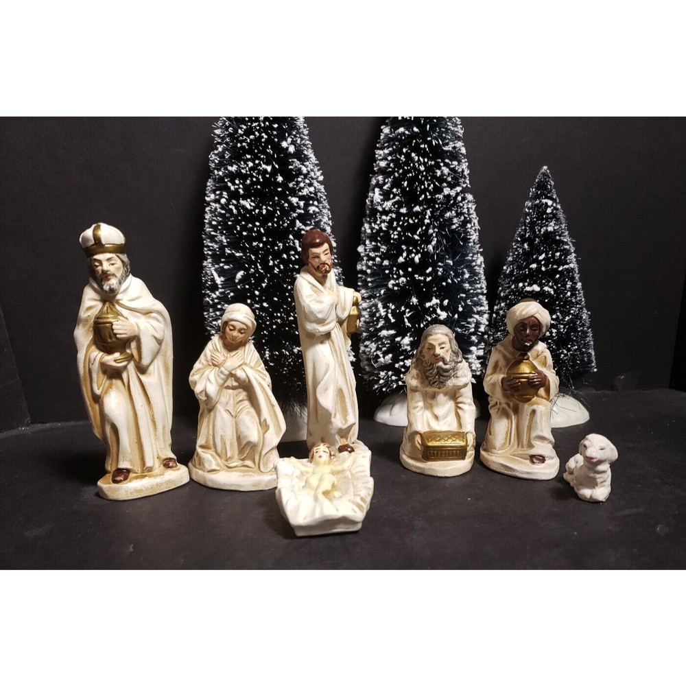 Vintage Nativity Set Figures Made In Japan 7 Pieces Chalk Ware